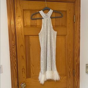 Sparkling Halter Dress with Feather Hem